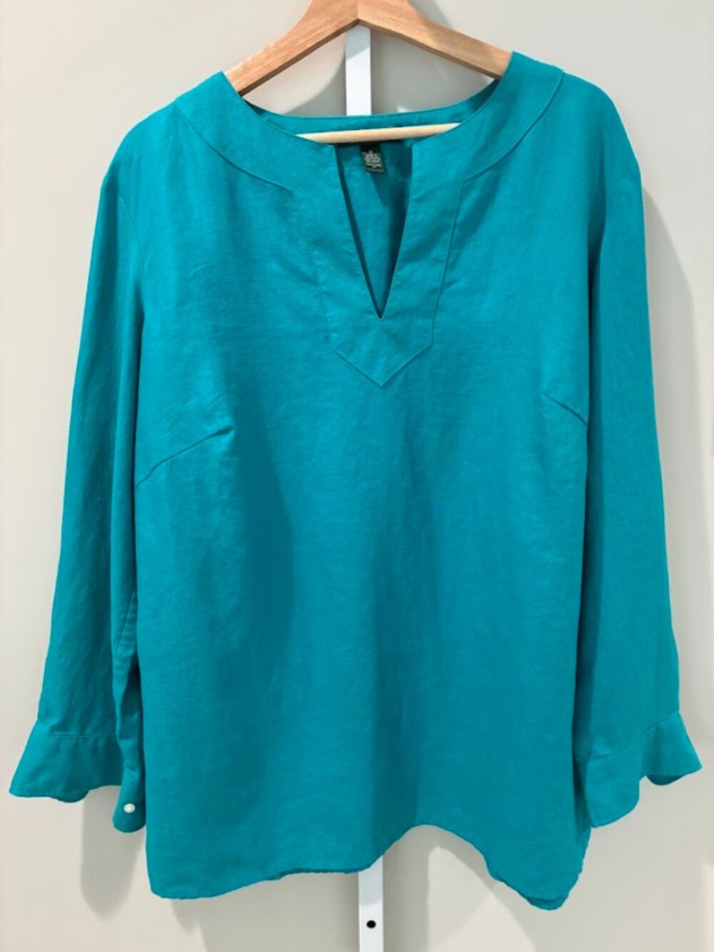 Lauren Ralph Lauren 100% Linen Split V-Neck Tunic Top Teal Blue Green Plus 1X